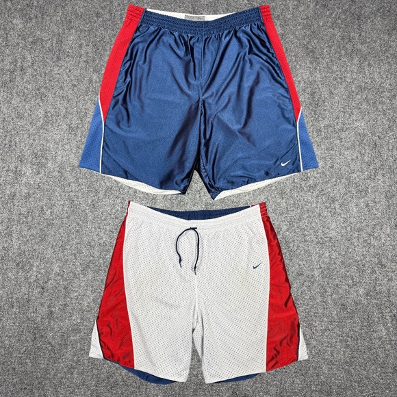 VTG Nike Basketball Shorts Size 2XL Navy/White Reversible Silky Shiny Baggy Y2K - Picture 1 of 12